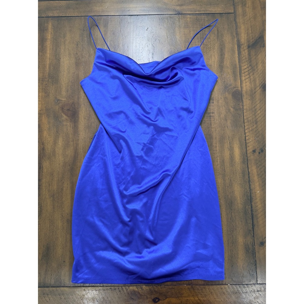 B. Darlin Royal Blue Satin Cowl Neck Mini Bodycon Dress 7BYT902 Size 13/14